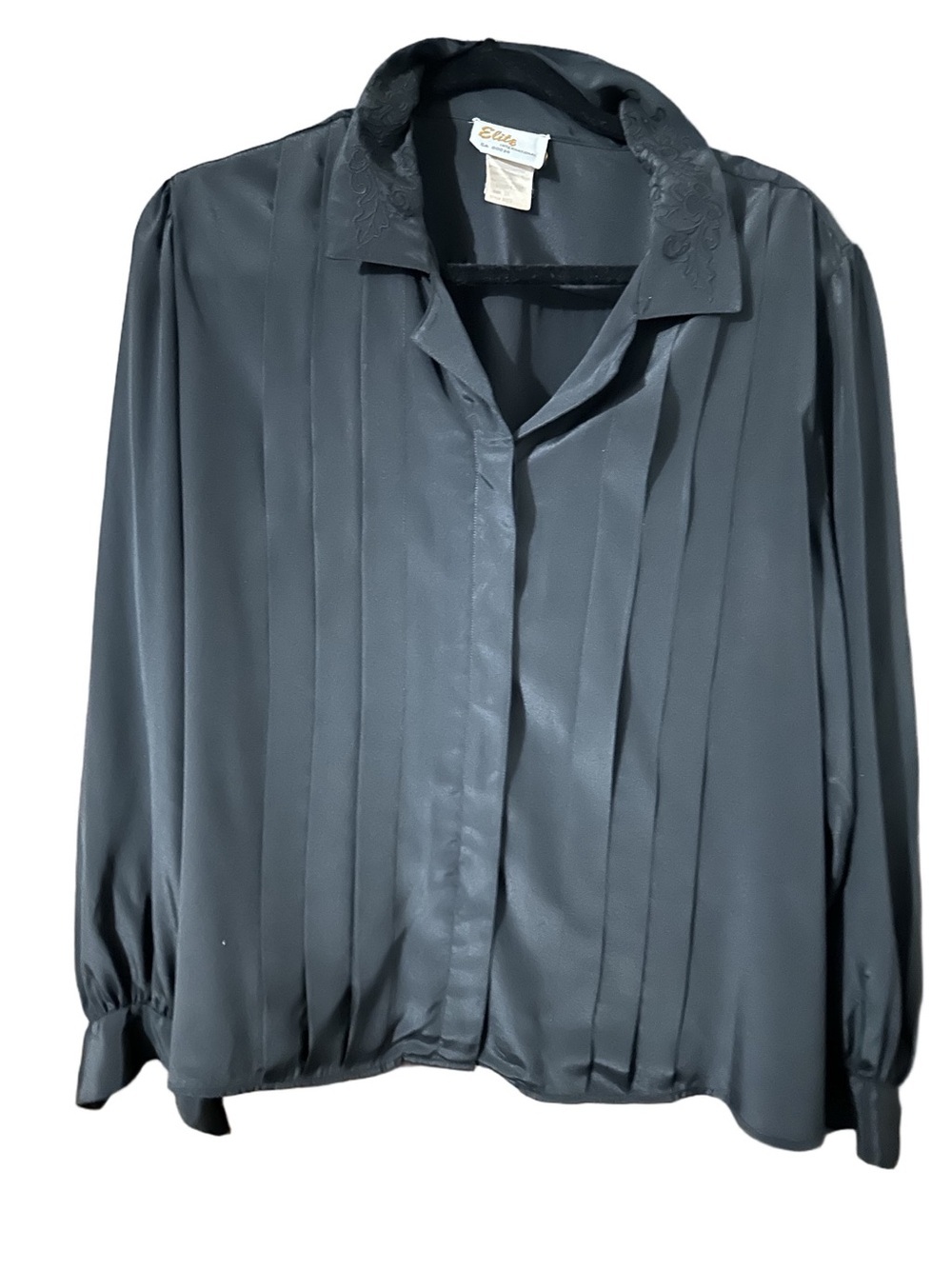 Vintage Elite International Black Pleated Button-Up Blouse Embroidered Size 18